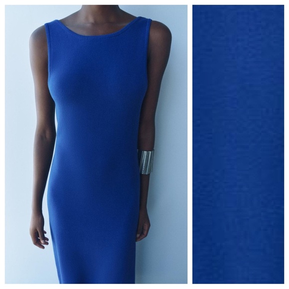 NWT. Zara Bluish Viscose Blend Knit Midi Dress with Open Back. Size M. - Picture 4 of 11